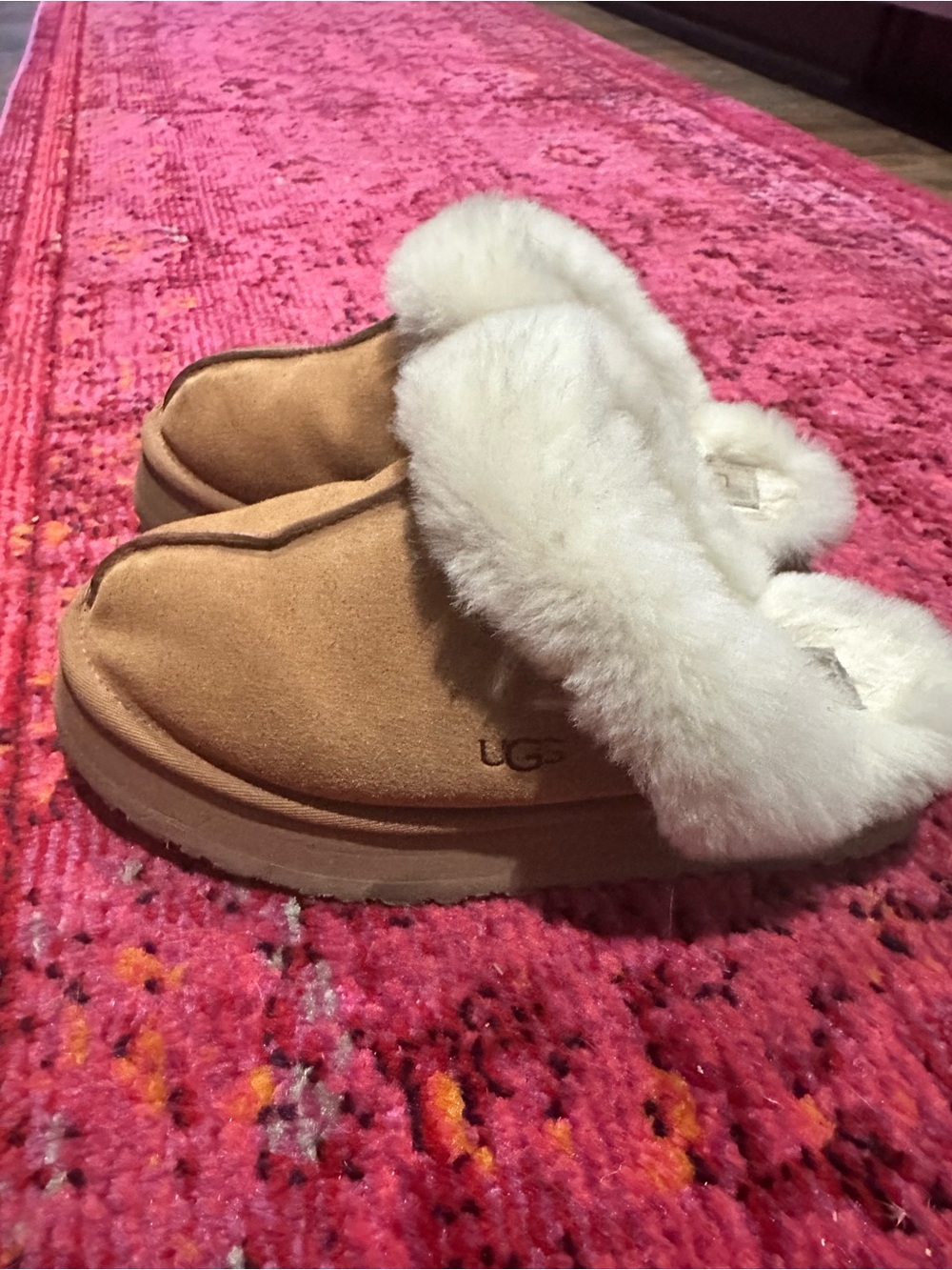 UGG Women's Chestnut Suede Shearling Mule Slippers with Cream Trim